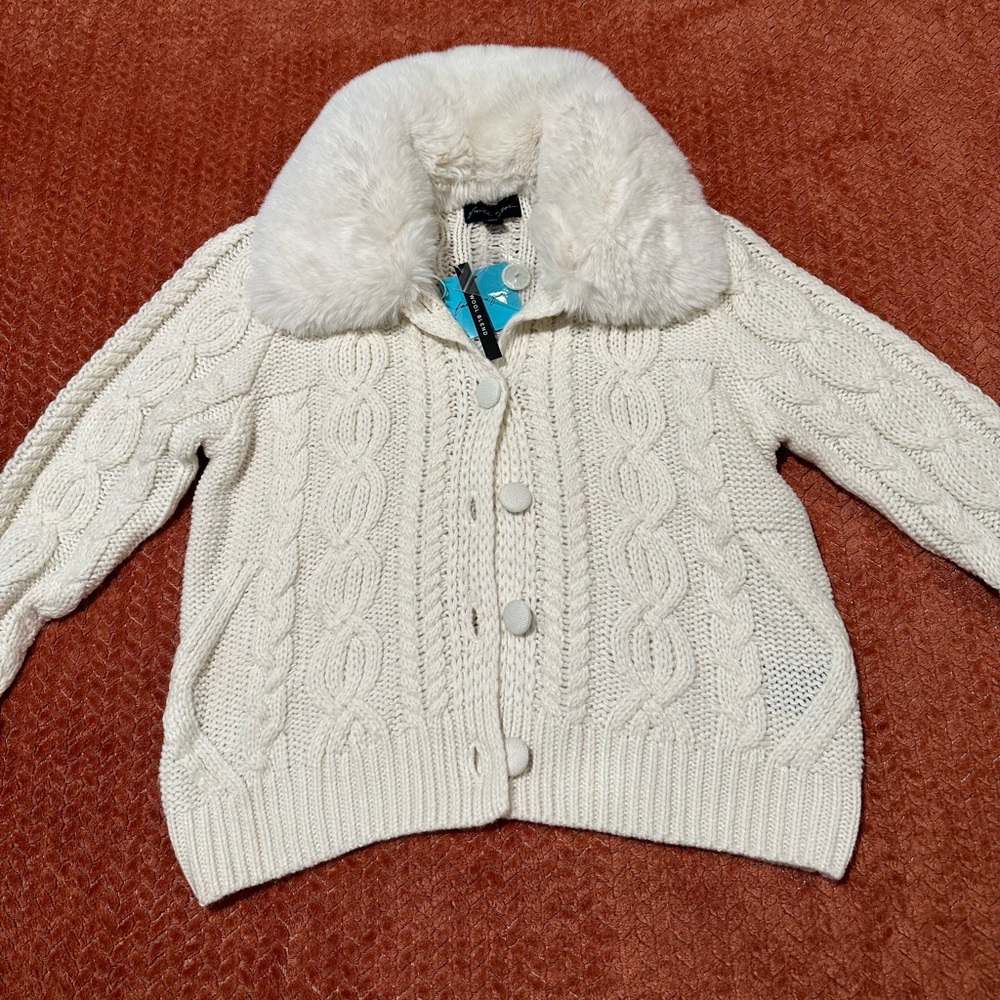 Faith & Zoe Ivory Knit Cardigan with Faux Fur